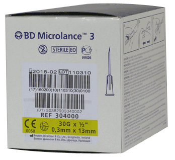 картонная упаковка по 100 игл  для мезотерапии Becton Dickinson Микроланс 30g 0,3х13 мм 304000 имеет желтый цветовой код